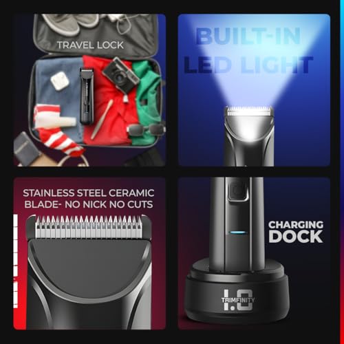 urbangabru Trimfinity 1.0 Waterproof Body Trimmer By Urban Gabru | Stainless Steel Ceramic Blade,Led Light,90 Min Battery,Dual-Mode Motor,4 Combs,Fast Charging,Travel Lock, Gift for man (Black)