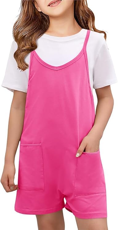 Haloumoning Mädchen Jumpsuit Kinder Ärmelloses Overall Sommer Lässige Kurze Latzhose Loose Fit Baumwolle Shorts mit Spaghetti Strap und Taschen Rosa Rot 140