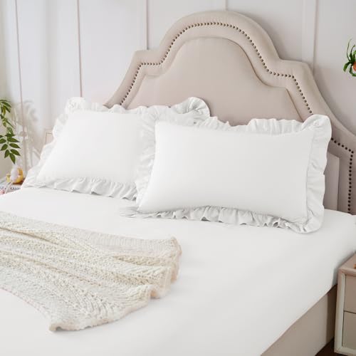 Image of Homiest 2-Pieces Ruffle Pillow Case & Fitted Sheet Set, White Twin Sheets with Ruffled Pillow Shams, 15 Inch Deep Pocket, Cute & Coquette Microfiber Bed Set for Decorating Bedroom Hotel
