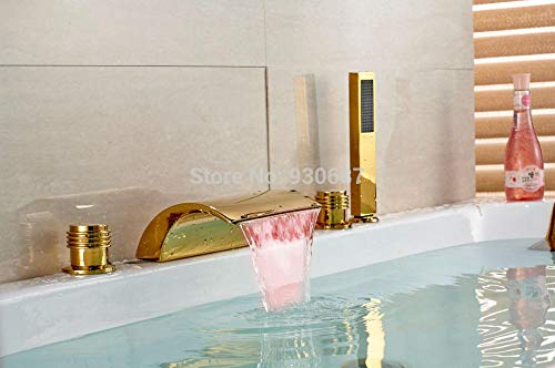 Tub Taps Bathroom Fixtures Gold Color Changing LED Bathtub Faucet Centerset Three Handles Mixer Tap
