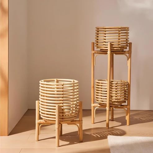 Image of IRA Furniture Eco-Friendly Handwoven Rattan Planter with Bamboo Stand - Ribbed Design Indoor Plant Pot Holder - Minimalist Boho Flower Stand for Home, Living Room & Balcony Decor