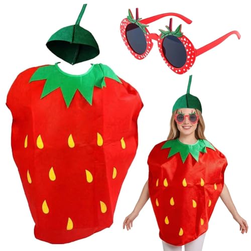 JhavexToy Costume Fraise avec Lunettes en Forme de Fraise, Ensemble de 2 Pièces, Deguisement sur Thème Fruit pour Cosplay, Halloween, Carnaval, Fêtes à...