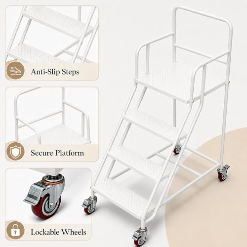 Image of 4 Step Rolling Ladder with Handrails, 880 lbs Capacity Heavy Duty Steel Mobile Warehouse Ladder with Locking Wheels, Non-Slip Rolling Stairs with Large Platform for Garage, Stockroom, Library