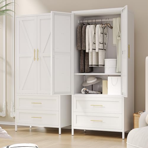 Image of Metal Wardrobe Cabinet with Hanging Rod and Drawers, Metal Armoire Wardrobe Closet with Adjustable Shelf for Home,Installation Required,White