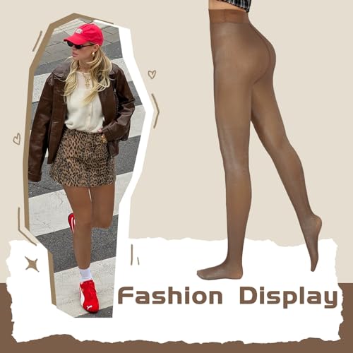 Image of X-CHENG Fleece Lined Tights Sheer Women - Fake Translucent Warm Pantyhose Leggings Sheer Thick Tights for Winter