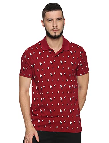 Image of KRYPTIC Men's 100% Cotton Maroon Leaf Printed Polo Tshirt (S)