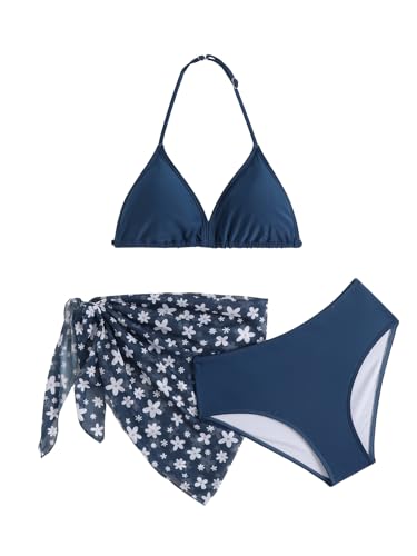 Image of SEGT Girl's 3 Piece Striped Bikini Swimwear Cute Swimsuits Bathing Suit High Waisted with Cover Up Beach Skirt