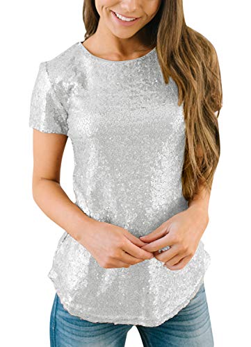 Womens Glitter Casual Round Neck Top Sequins Party Short Sleeve Shirt Silver Xxl #TOP2