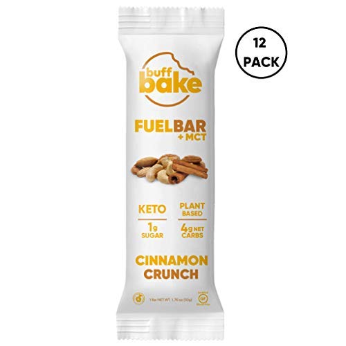Buff Bake Fuel Bar + MCT | Keto Friendly | Plant Based | Gluten Free | 12g of Protein | 1g Sugar | 4g Net Carbs | Non Dairy | Vegan (12 Count, 50g) (Cinnamon Crunch, 12 Count)