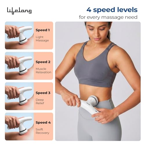 Image of Lifelong Flathead Massager | Rechargeable Body Massager for Pain Relief | 4 Special Heads for Targeted Therapy | 4 Speed Levels | Full Body Electric Percussion Massager for Adults & Children | White