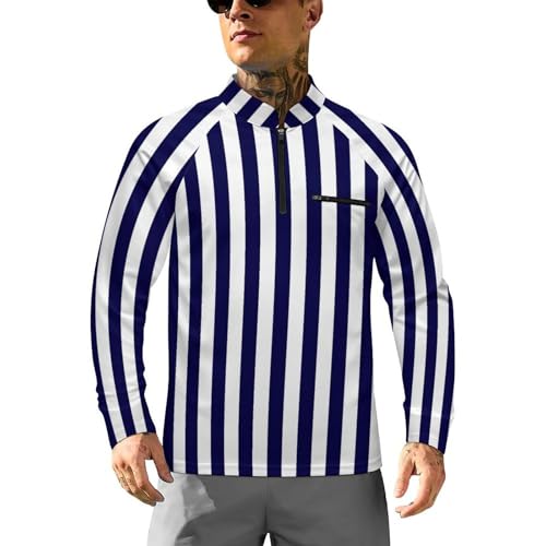 Dark Blue and White Stripes Men's Sun Protection Shirts UV SPF UPF 50+ Long Sleeve Rash Guard Lightweight