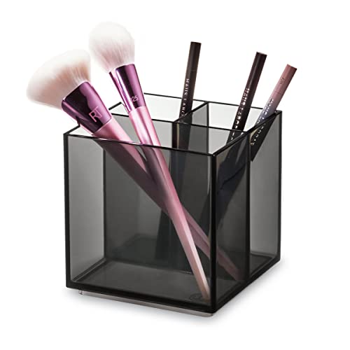 iDesign 95326EU Makeup Organizer, Pot 3 Compartiments de la Collection Exclusive Sarah Tanno, Rangement Maquillage en Plastique pour pinceaux et Crayons, Gris, 10, 4 x 10,7