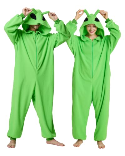 ANMIBOBU Adult Onesie Pajamas Unisex Animal Cosplay Halloween Costume One Piece Plush Sleepwear Homewear Green Alien-L
