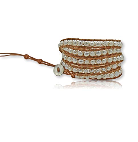 Mgr My Gems Rock! Cultured Fresh Water Pearl Beaded On Genuine Leather Boho Style Leather Wrap Bracelet Super Wrap Bracelet 35" Long, Up To 5 Wraps-White Cultured Fresh Water Pearl And Beige Leather. #TOP1