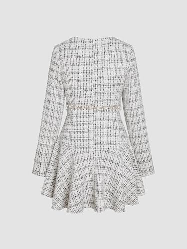 CIDER Long Sleeve Mini Dress Tweed V Neck Faux Pearl Solid Party Cocktail Elegant Dress4
