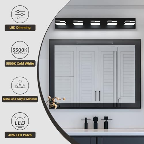 Image of LED Modern Bathroom Vanity Light Fixtures 5-Light, 32 inch Dimmable Matte Black Vanity Lights for Bathroom Lighting Fixtures Over Mirror, with 350Rotatable Acrylic Heads(White Light 5500K)