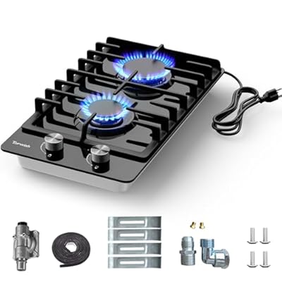 TOPWISH 2 Burner Propane Gas Cooktop Black Tempered Glass, 12 Inch Built-in NG/LPG Convertible Gas Stove Top, 18,000BTU Gas Hob with Flame-out Protection for Kitchen, Apartment?RV,110V