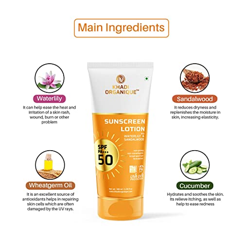 Image of KHADI ORGANIQUE Sunscreen Lotion SPF 50 PA+++ with Waterlily & Sandalwood | Broad Spectrum UVA & UVB Protection | Non-Greasy & Ultra Light Gel | For All Skin types -100ml
