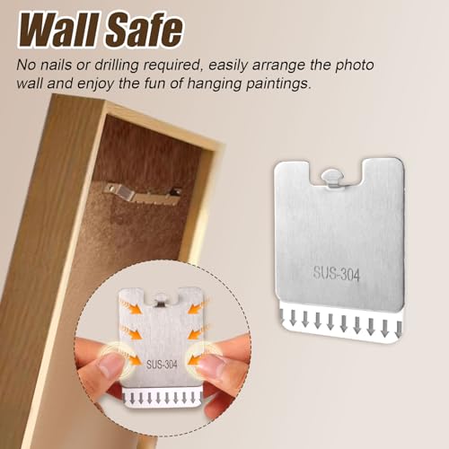 Image of 4pcs Picture Frame Hanging Hooks & 4 Adhesive Strips, Free Hanging Metal Paint Hanging Hooks Kit Picture Hangers Tool Without Nails, No Damage to Wall