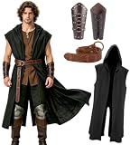 kasahara Costume Médiéval Homme Femme Tunique Coton Sans Manches Capuche Ceinture Imprimée Brassards Déguisement Viking Chevalier Sorcier Halloween Carnaval Unisexe Adulte (Black, M)