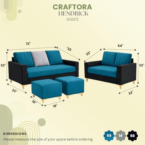 Image of Hendrick Plush Velvet 3 Seater + 2 Seater Sofa Set with 2 Ottoman | Silken Velvet Upholstery | Golden Legs | Designer Set for Living Room & Office Spaces (Black, Aqua Blue & Light Grey)