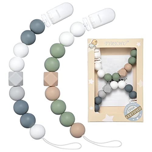 Image of Pacifier Clip for Baby Boys Girls, Soothie Pacifier Holder for Baby Boys Girls,Neutral Binky Clip for Baby Gift, 2 Pack(Gray, Mossy Green)