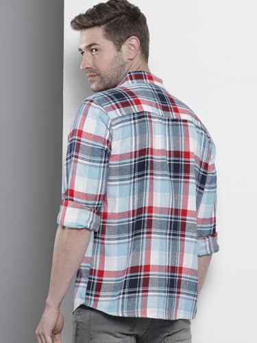 Image of The Indian Garage Co Men Regular Fit Checkered Full Sleeves Spread Collar Double Flap Pocket Casual Over Shirt