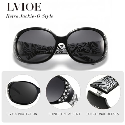 Image of LVIOE Polarized Sunglasses for Women Rhinestone Design Wrap Around Shades | UV400 Protection Fashion Sun Glasses Stylish Elegant Frame, Bonus Cleaning Cloth & Soft Pouch Plus Essential Accessories