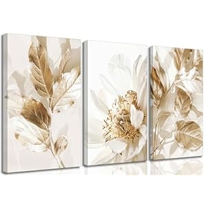 3 Pcs Modern White Floral Golden Leaves Canvas Wall Art Neutral Boho Beige Botanical Painting Pictures Nordic Wall Decor Posters Print Artwork for Bedroom Living room Office Home Decoration