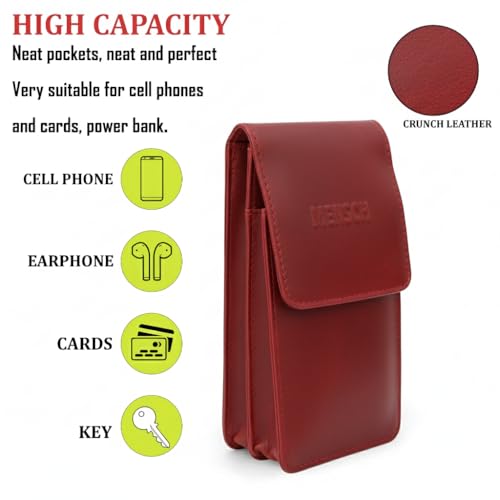 Image of MMENSCH Genuine Leather Multifunctional Phone Mobile Pouch Waist Bag with Belt Loop for Accessories, Apple iPhones, Smartphones, Androids Upto 6.7 inch for Daily Use, Travelling for Men & Women (Red)
