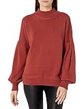 Cable Stitch Women's Pleated-Sleeve Sweater - Mock Neck Puff Blouson Long Sleeve Drop Shoulder Solid Color Pullover Top (X-Small, Rust)