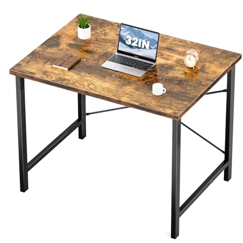 Image of Sweetcrispy 32-Inch Small Computer Desk for Bedroom, Brown | Gaming Writing Work and Study Desk for Home Office, Sturdy Metal Frame and Compact Modern Design with X-Shaped