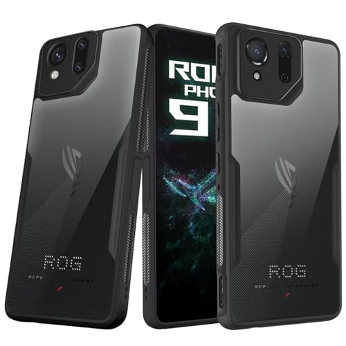 HARUINO Funda para ROG Phone 9 Pro, ROG Phone 9, 9 FE Carcasa Protectora Fundas con Textura Antideslizante, Transparente PC Duro Trasera y TPU Silicona Suave Fina Bordes Negro Protección Case