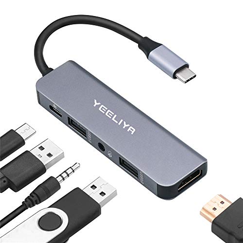 USB C Hub, Type C Adapter 5 in 1 Ports Adapter to HDMI 4k, 3.5mm Audio/Mic Port, USB3.0/USB2.0 Port, Multiport Adapter Thunderbolt 3 Support Dongle for Apple MacBook Pro Huawei Matebook