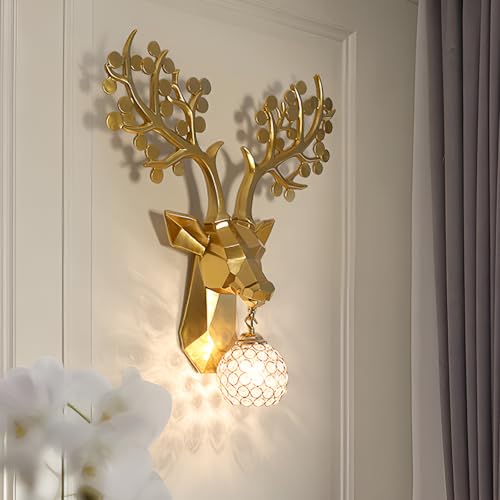 Image of Solo Decor Resin Deer Head Wall Sconce Gold Crystal Ball Light Fixture Modern Antler Design Light Lamp for Living Room,Bedroom and Office Wall Decoration(Without Bulb)