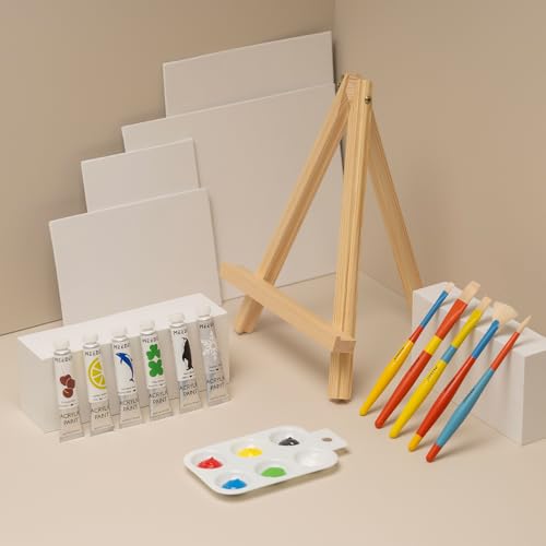 MEEDEN Juego de pinceles de pintura acrílica: kit de pintura de 14 piezas con caballete de madera, 6 colores de 12 ml acrílico, 5 pinceles, 4 lienzos, kit de pintura para niños, estudiantes, artistas