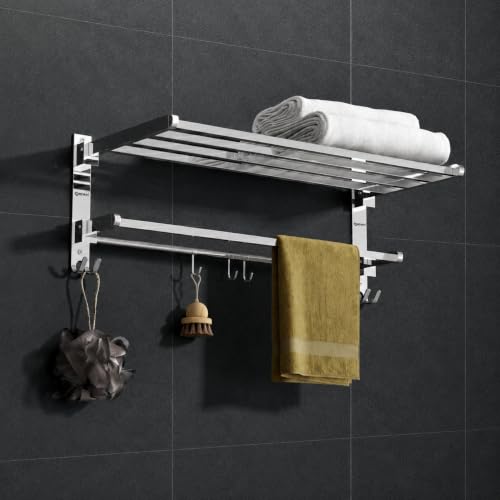 Image of GRIVAN 18-Inch Stainless Steel Towel Rack in Bathroom | Wall-Mounted Towel Stand with Hooks | Foldable Towel Holder & Cloth Hanger for Bathroom (Silver Chrome, 18 INCH)