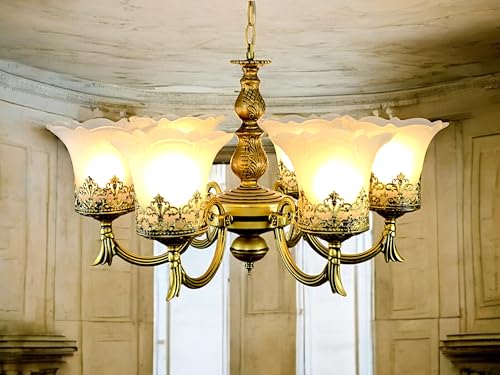 Image of Prop It Up Antique Chandelier, 6 Light Glass Shades, Antique Brass Finish, Victorian Style, Without Bulb
