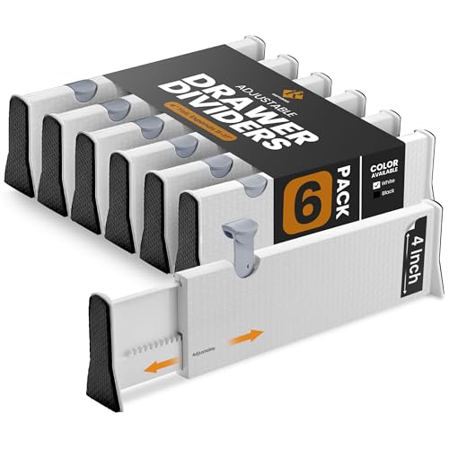 Image of RAPTUROUS Adjustable Drawer Dividers 6 Pack, 4” High, 11-17” Long, Dresser Drawer Organizer for Bedroom, Closet, Kitchen, Nursery, Office, Strong Hold, Soft Foam Edges, White