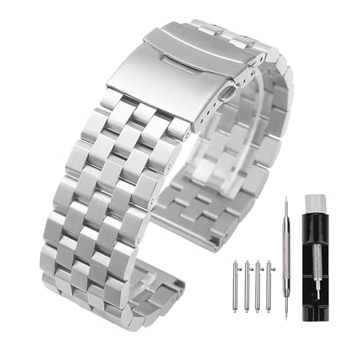 Kai Tian 22mm Silber Prämie Matt 5 Reihen Doppelschlösser Edelstahl Armbanduhr für Damen Herren Uhrenarmband Ersatz Metall Uhrenband Band Armband
