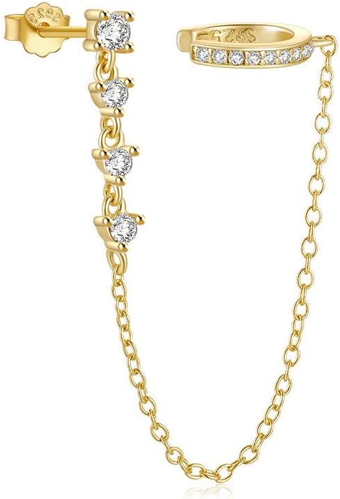 Crystal Ear Cuff Tassel Cartilage Stud Earring for Women Girls 925 Sterling Silver CZ Clip On Huggie Hoops Climber Crawler Long Chain Dangle Drop Hypoallergenic Earrings Fashion 1 Pcs Jewelry Gifts Birthday