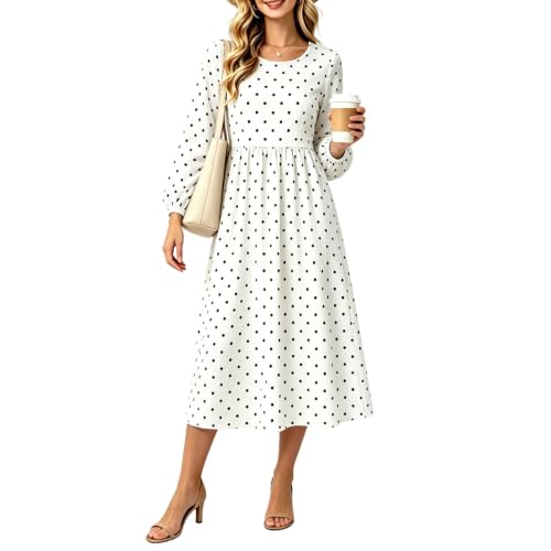 Image of Zeiayuas Women's Polka Dot Midi Dress Long Sleeve Crew Neck A-Line Swing Dress Casual High Waist Smock Dresses with Lantern Sleeves White