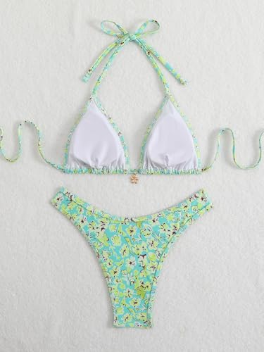 Women's High Waist Ditsy Floral Print Bathing Suit Halter Summer Swimsuit Bikini Set2