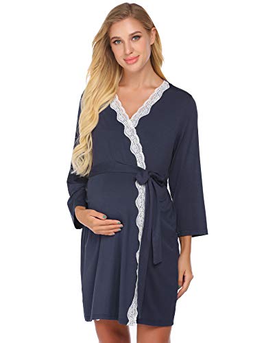 Ekouaer Womens Kimono Short Bathrobe Labor Delivery Nursing Robe Maternity Sleepwear Hospital Nightgown Pregnancy Sleepshirts for Breastfeeding (6166-Navy, M)