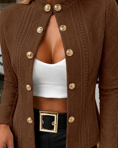 Image of CHICME Women's Argyle Cable Knit Cropped Jacket | Metal Button Front, Stand Collar Detail, Lightweight Cardigan Style, Long Sleeve Design, Fall Layering, Casual Office Wear