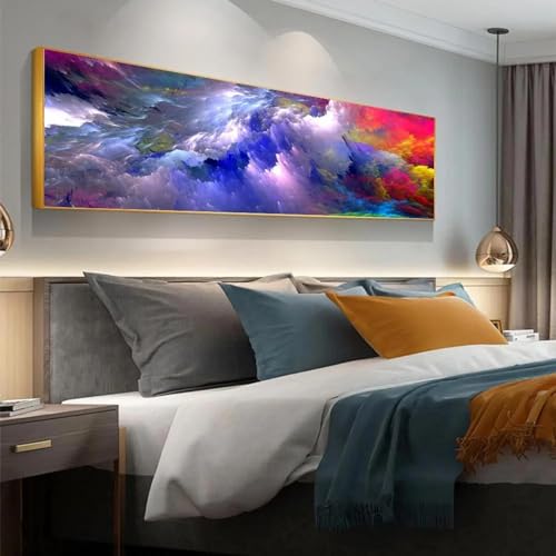 Cuadro abstracto de paisaje con nubes coloridas en lienzo de 60x180cm 1