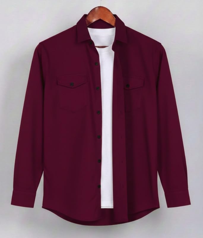 Image of DEELMO Men Solid Slim Fit Casual Overshirt Style Shirt | Full Sleeve Button-Down Layering Shirt Smart Casual Look