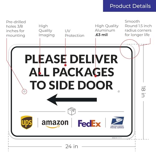 Image of Package Delivery Sign, Delivery Instructions Deliver All Package to Side Door Left Arrow Sign, 18x24 Inches, Rust Free .063 Aluminum, Fade Resistant, Made in USA by Sigo Signs