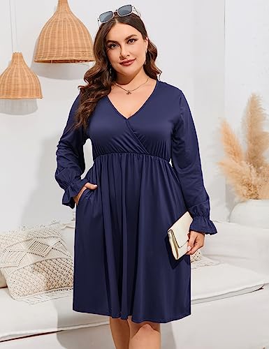 Image of ShopWonder Plus Size Dress Women's V Neck A-Line Knee Length Wrap Swing Dresses Plus Size A Line Party Mini Dress