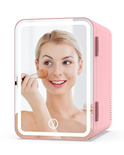 Yopower 8L Mini Beauty Fridge with LED Mirror - 3-Level Lighting, Cooling/Warming Cosmetic & Drink Storage, Pink